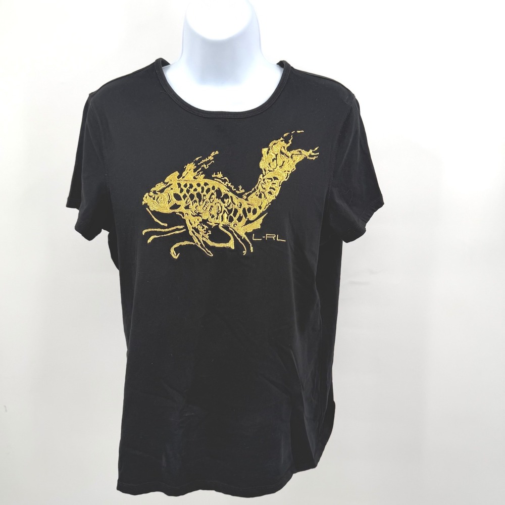 Lauren Ralph Lauren Womens L Tee Shirt Black Gold Koi Fish Graphic